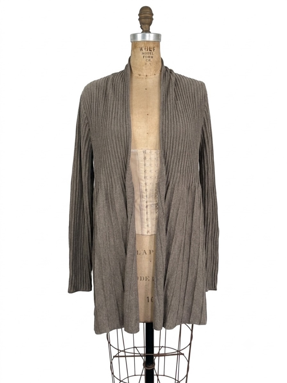 Eileen Fisher Italian Yarn 100% Wool Beige Ribbed Long Open Cardigan Sz XL